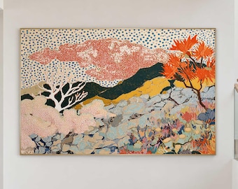 Pointillist Landscape Canvas Painting, Modern Japandi Floral Artwork, XXL Large-Scale Wall Decor