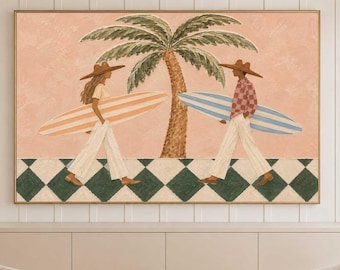 Tropical Palm Tree Surf Couple Painting, Morandi Coastal Wall Art, Mediterranean Beach Home Decor