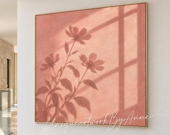 Blush Pink Floral Shadow Wall Art Warm Textured Oil Painting Minimalist Bedroom Decor
