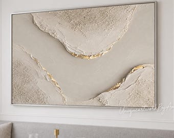 Large 3D Textured Wall Art, Ivory and Gold Abstract Painting on Canvas, Housewarming Gift