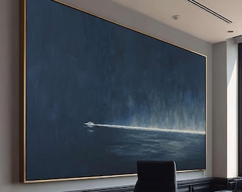 Dark Blue Horizon Painting: Abstract Speedboat Art, Modern Wall Decor Yachts on the lake