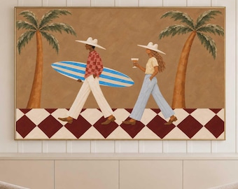 Surf Couple Oil Painting, Large Coastal Western Wall Art, Mid Century Modern Canvas Art