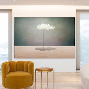 Surreal White Cloud Painting: Minimalist Beige Wall Art image 2