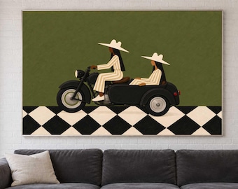 Olive Green Sidecar Motorcycle Painting, Mid Century Modern Cowgirl Wall Art, Female Friendship Artwork