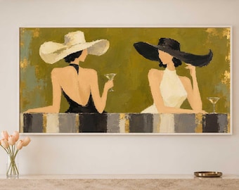Martini Women Wall Art, Feminine Oil Painting, Wide Hat Figurative Artwork, Luxury Wall Decor
