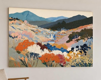Colorful Mountain Landscape Painting, Wildflowers and Waterfall in Pointillism Style, Oversized Wall Art