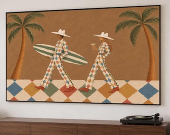 Coastal Cowboy Couple Surf Painting Mid Century Retro Palm Tree Morandi Color Figurative Decor