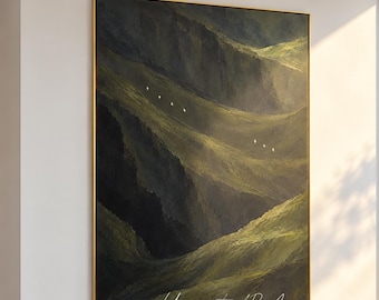 Dark Green Mountain Wall Art Moody Green Valley Landscape Textured Oil Painting