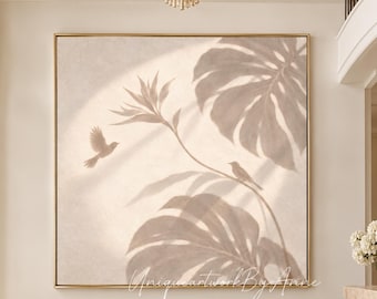 Oversized Modern Organic Botanical Bird Shadow Wall Art Beige Japandi Minimalist Home Decor