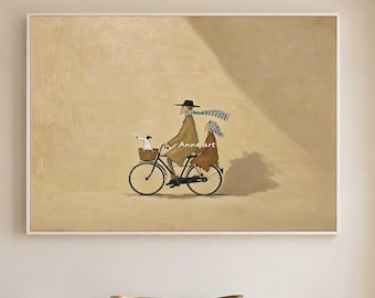 ヴィンテージカップルの具象キャンバスアート、海岸の自転車抽象油絵、少女と犬、ホームデコレーション