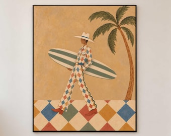 Coastal Cowboy Surfer Painting Mid Century Modern Whimsical Art Morandi Color Wall Decor
