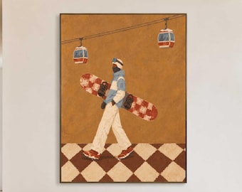 Whimsical Snowboarder Painting, Gondola Ski Lift and Winter Sports Art, Mid Century Modern Decor