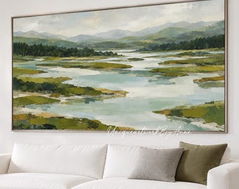 Large Impressionist Landscape Painting, Olive Green Wetlands and Winding Blue Waterways