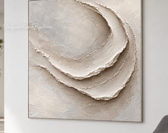 Textured Wave Painting, Ivory and Taupe Abstract Canvas, Neutral Wabi Sabi Wall Art