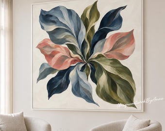 Blue and Coral Pink Abstract Leaf Painting, Olive Green Botanical Art, Large Blade Canvas