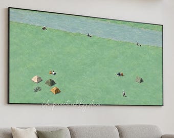 Large Riverside Camping Scene Oil Painting Mint Green Fishing Canvas Art Contemporary Home Decor