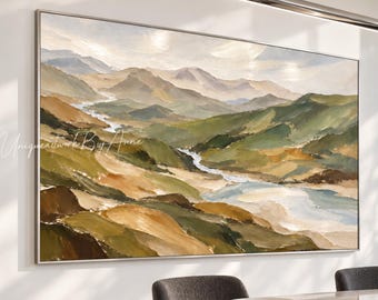 Olive Green Landscape Painting, Textured Mountain Valley and Winding River, Natural Modern Wall Decoration