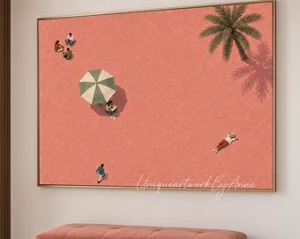 Original Design Reading Woman Painting on Canvas, Coral Pink Parasol Scene, Personalized Home Decor