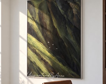 Moody Mountain Painting with White Birds, Dark Green Abstract Landscape, Contemporary Wall Art