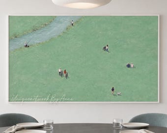 Riverside Camping Scene Abstract Oil Painting Green Landscape Canvas Art Contemporary Home Decor