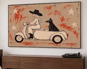 Whimsical Cowgirl and Dog Painting, Vintage Scooter Sidecar Wall Art, Americana Rustic Home Decor