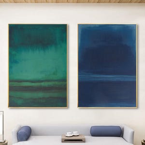 Textured Abstract Canvas Painting: Organic Modern Blue Green Set