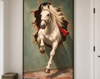 White Horse Oil Painting, Sage Green Equestrian Wall Art, Broken Wall Home Decoration