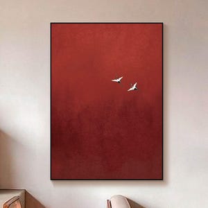 Mid Century Modern Art Crimson Sky Oil Painting with Cranes Minimalist Canvas Wall Art