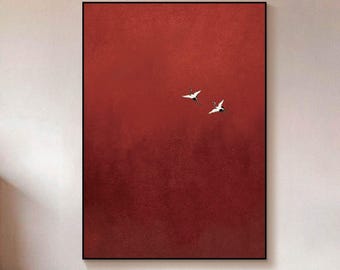Mid Century Modern Art Crimson Sky Oil Painting with Cranes Minimalist Canvas Wall Art