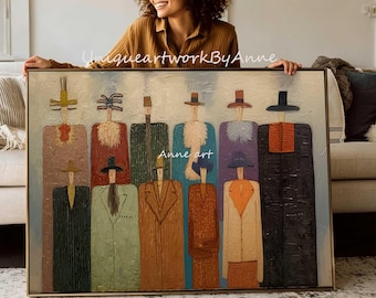 Extra stor nyckfull abstrakt människomålning, texturerad figurativ väggkonst, modern bohemisk heminredning, unik statementkonst för ovanför soffan