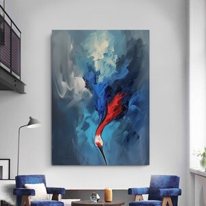 Ren And Blue Abstract Painting Red-Crowned Crane Wall Decor · Texture Painting · Minimalist Wall Art · Maximalist Decor · Red Blue Wall Art