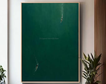 Underwater Couple Swimmers Oil Painting Emerald Green Ocean Wall Art, Minimalist Surreal Swimming Canvas