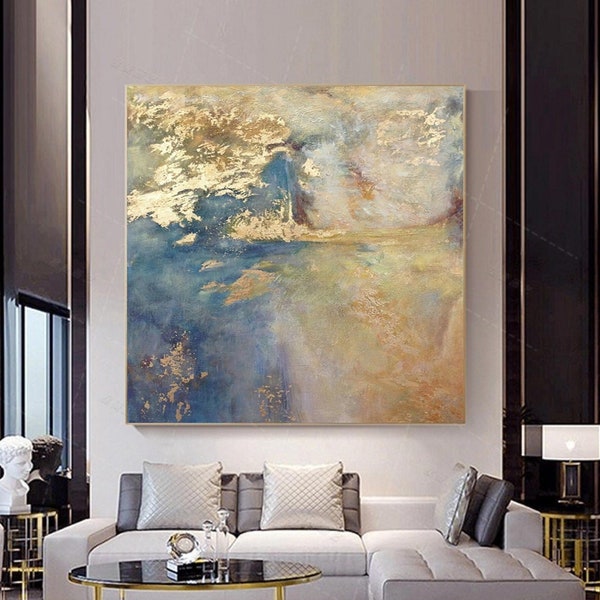 Moderne handgemalte Kunst Blau Gold abstrakte Malerei Blau und Gold abstrakte Wandkunst Gold Textur Wandkunst für Wohnzimmer Dekor