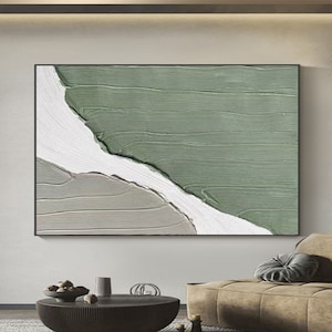 Green White Texture Painting: Minimalist Canvas Wall Art