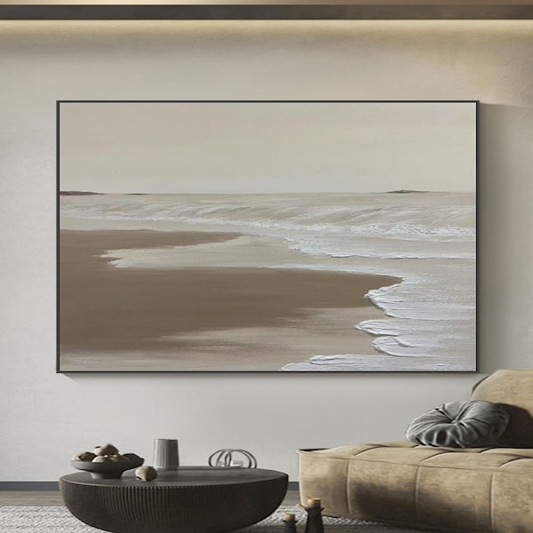 Seaside Landscape Painting Beige Brown Landscape Art Textured Wall Art Beige Brown Modern Home Decor Sunset And Sunrise Wall Art