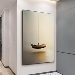 Surrealism Floating Boat Painting • Minimalist Beige Abstract Wall Art