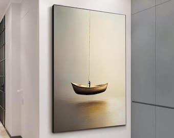 Surrealism Floating Boat Painting • Minimalist Beige Abstract Wall Art