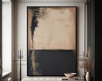 Black Beige Abstract Oil Painting, Minimalist Wall Art