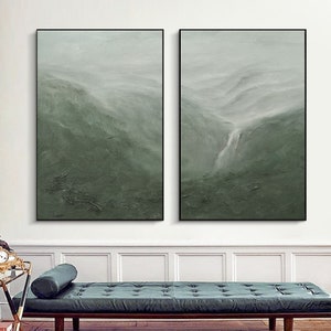 Emerald Green Landscape Abstract Art Set of 2 Living Room Landscape Painting Hand-Drawn Wall Art Green Wall Decor Green Home Decor