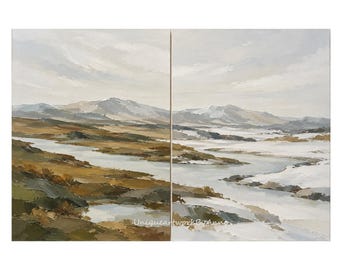 Autumn and Winter Landscape Painting Set of 2, Palette Knife Mountain Art, Housewarming Gift