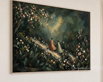 Enchanted Forest Painting, Among Wildflowers Canvas Art, Dark Green Landscape Wall Decor