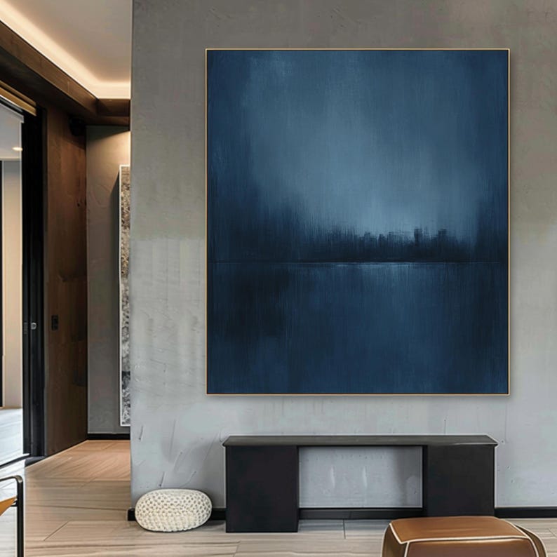 Dark Blue Wall Decor Modern Abstract Painting Pure Blue Minimalist