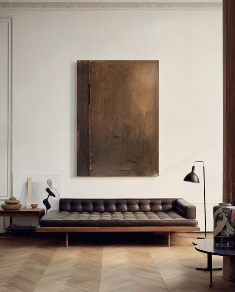 Pintura Wabi-Sabi Marrom, Pintura Abstrata Marrom Escuro, Pintura a Óleo Medieval Marrom, Decoração de Parede Minimalista Preta, Arte de Parede em Tela Preta imagem 4