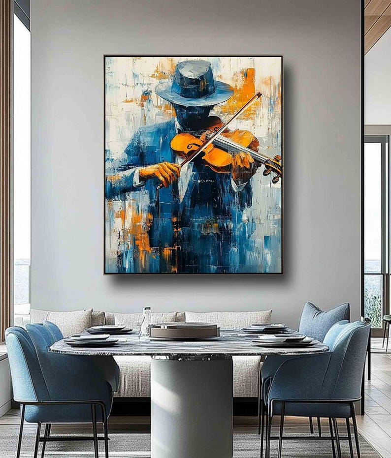 Original Violinist Abstract Wall Art Orange and Light Blue Abstract