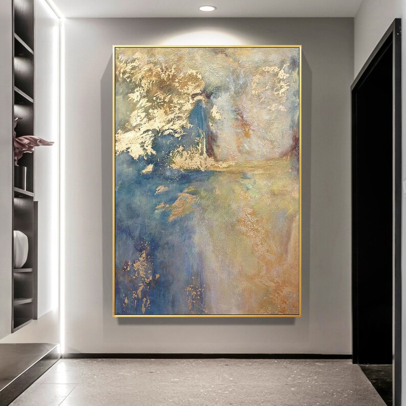 Original Light Blue Abstract Wall Art Gold and Light Blue - Etsy