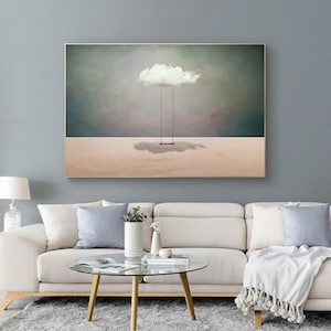 Surreal White Cloud Painting: Minimalist Beige Wall Art image 4