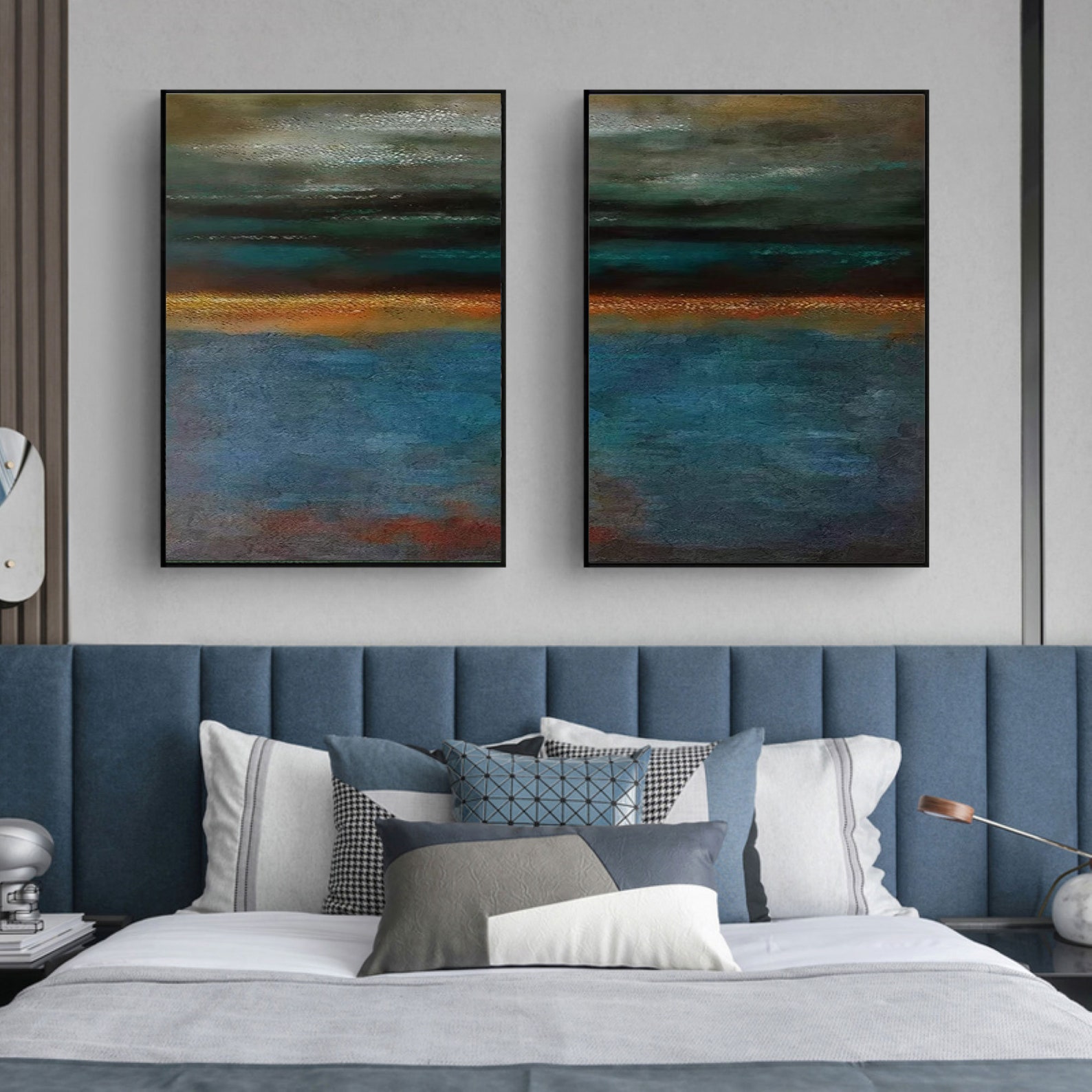 Olive Green Abstract Art Set of 2 Olive Green Landscape Etsy