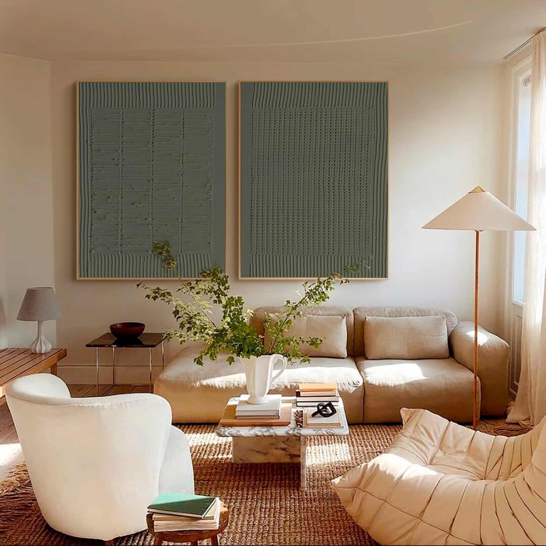 Pure Green Minimalist Art Living Room Set of 2 Art Green Wall Decor the