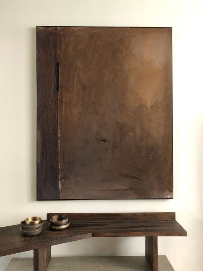 Pintura Wabi-Sabi Marrom, Pintura Abstrata Marrom Escuro, Pintura a Óleo Medieval Marrom, Decoração de Parede Minimalista Preta, Arte de Parede em Tela Preta imagem 2