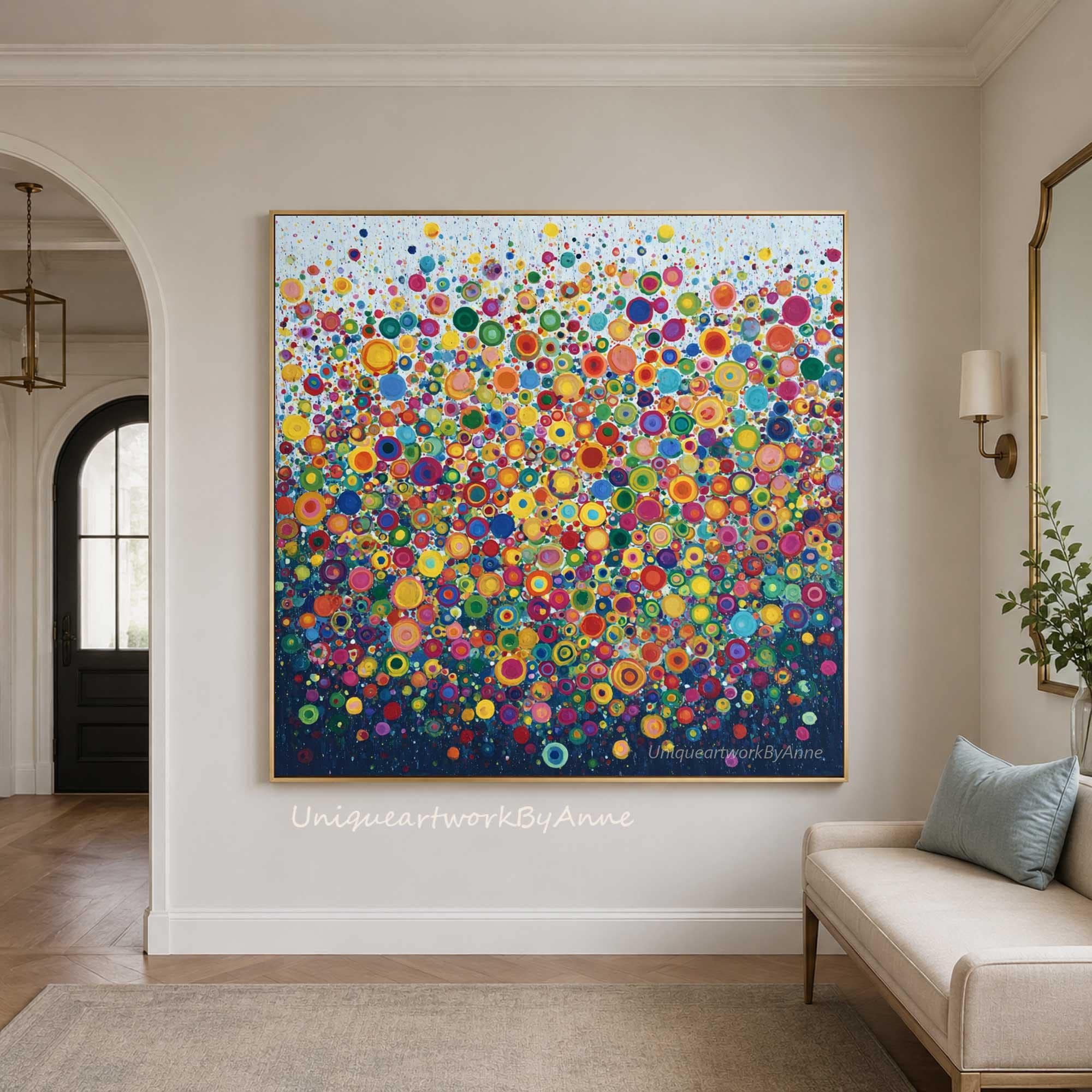 Large Colorful Polka Circle Dots Art Vibrant Rainbow Bubble Canvas Boho Abstract Wall Decor